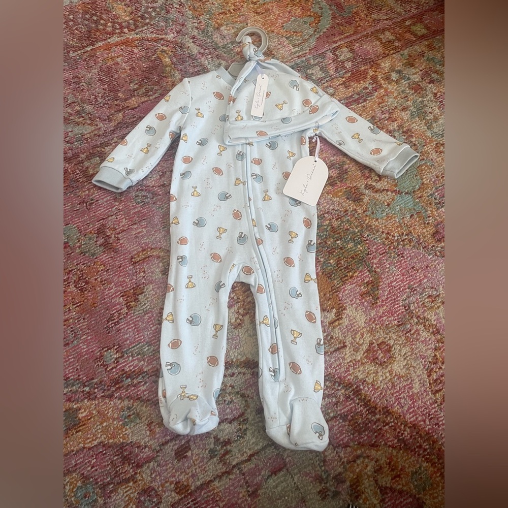 Kyle+Deena Adorable Blue Baby Boy Football 2 Piece Set, onesie with hat 3-6 mo